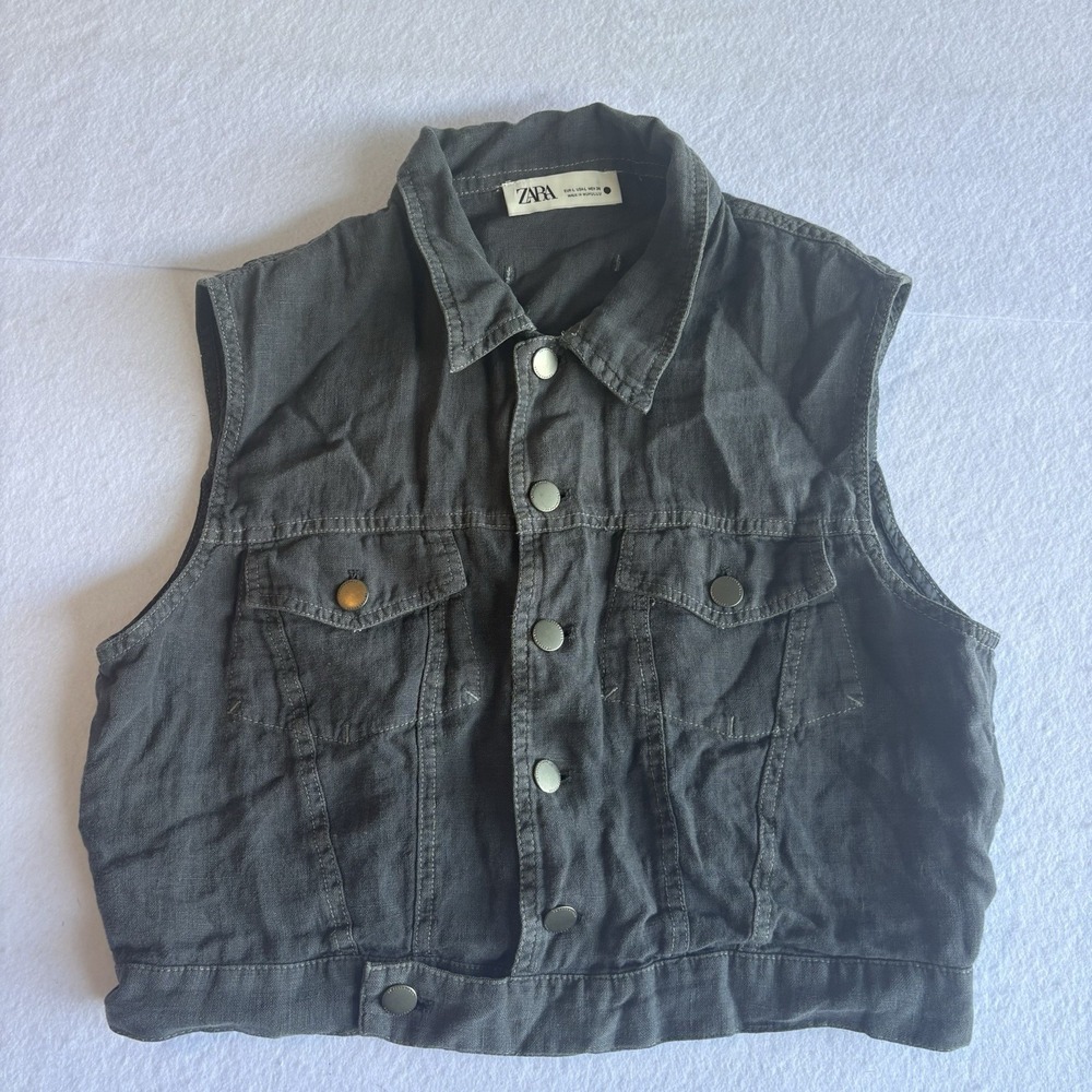 Zara Women's Gray Sleeveless Denim Vest Button Front Collared Pockets Size L